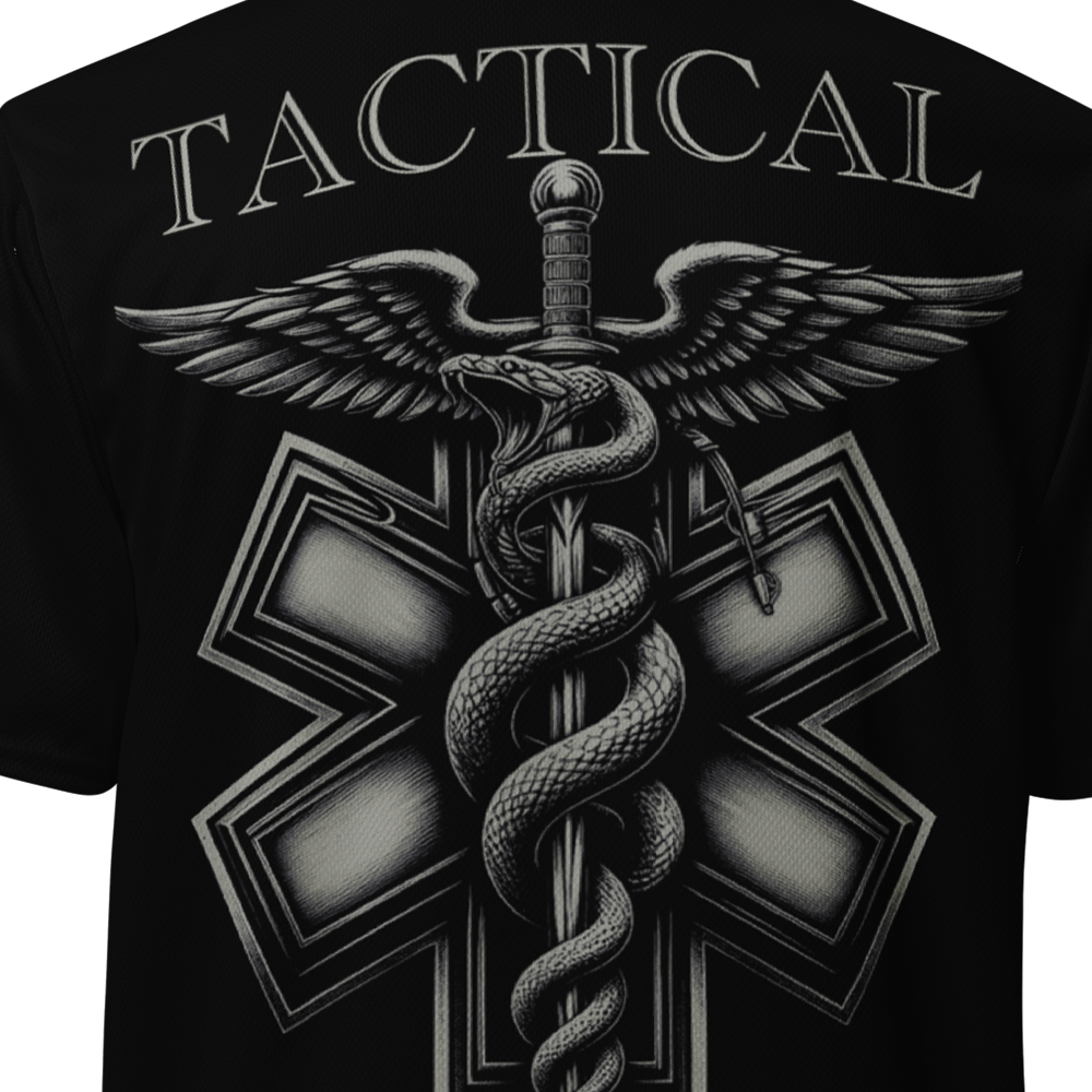 Close up of Back view of black short sleeve unisex fit Performance Physical training  PT Jersey by Achilles Tactical Clothing Brand with Tactical Medic Design across back