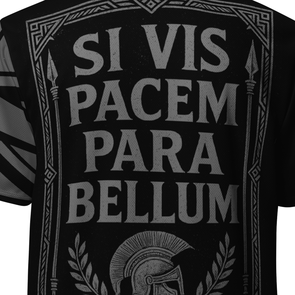 Close up of back centre of black short sleeve unisex fit Performance Physical training  PT Jersey by Achilles Tactical Clothing Brand with Si Vis Pacem quote Design across back
