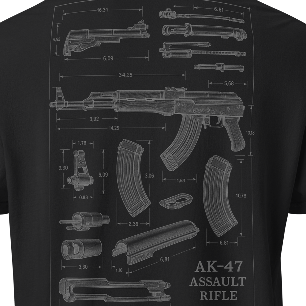 Close up of back centre of Black short sleeve unisex fit classic cotton T-Shirt by Achilles Tactical Clothing Brand printed with Large AK-47 design across back