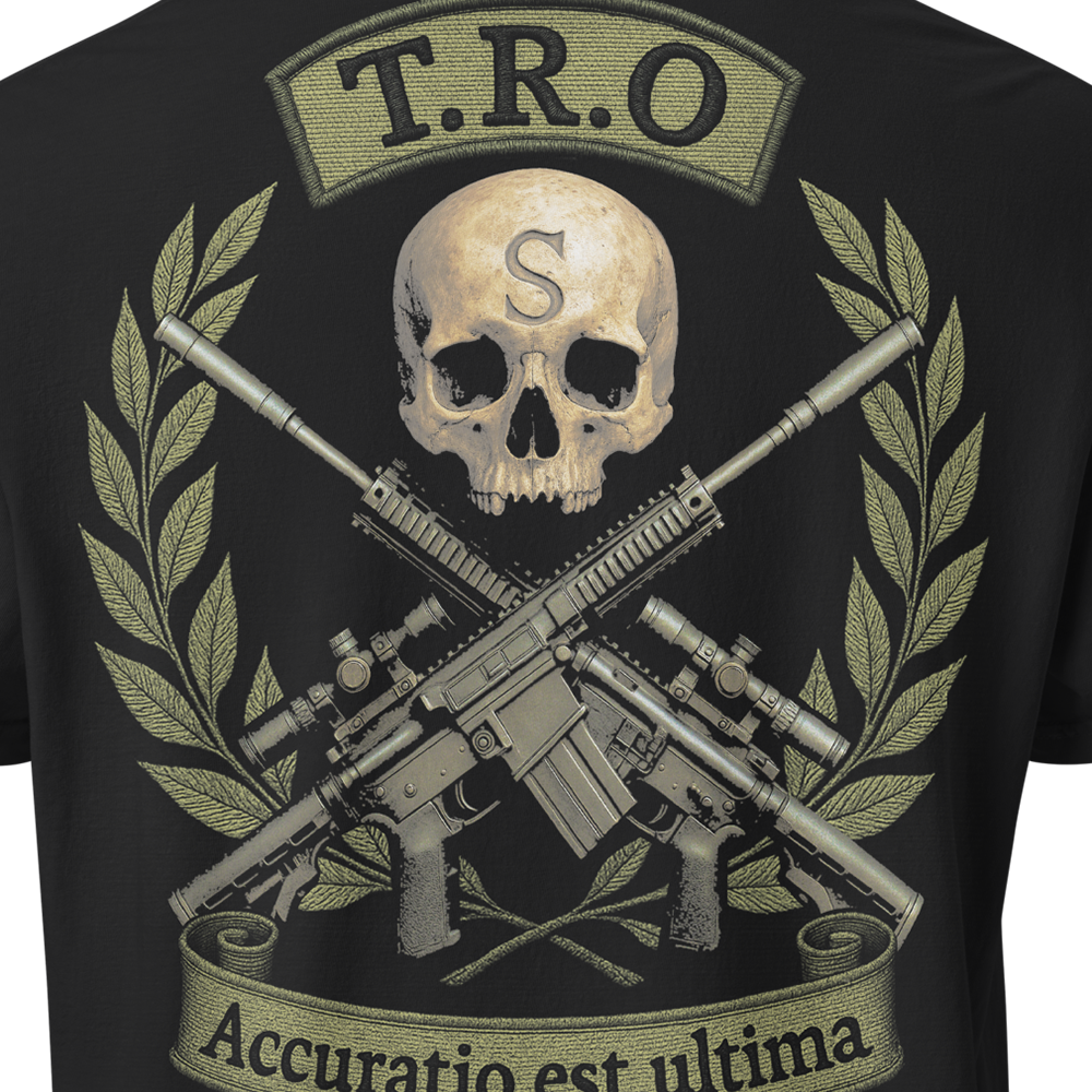 Close up of back centre of Black short sleeve unisex fit classic cotton T-Shirt by Achilles Tactical Clothing Brand printed with Large TRO design across back