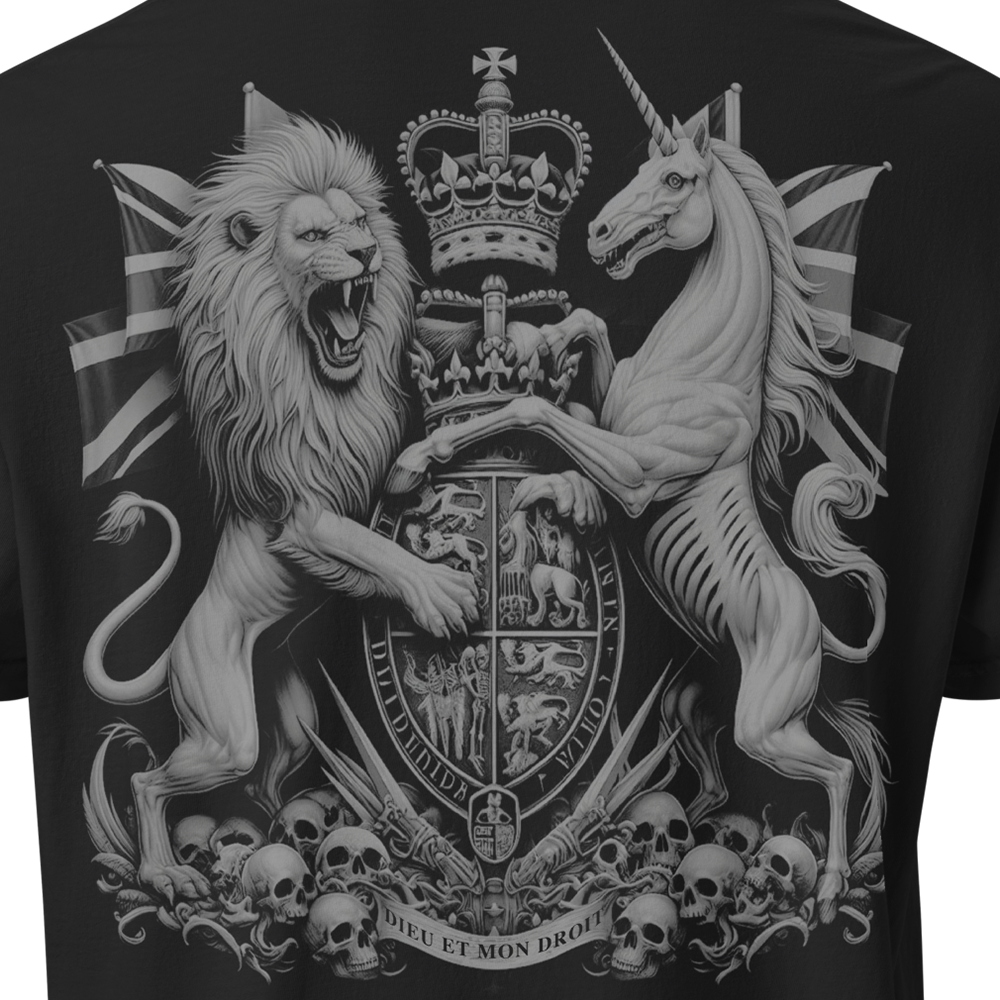 Close up of back centre of Black short sleeve unisex fit classic cotton T-Shirt by Achilles Tactical Clothing Brand printed with Large coat of arms design across back