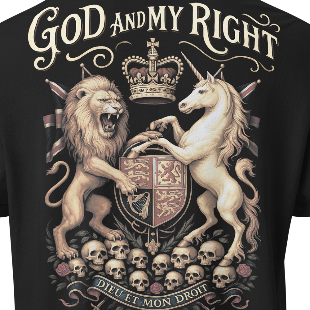 Close up of back centre of Black short sleeve unisex fit classic cotton T-Shirt by Achilles Tactical Clothing Brand printed with Large Dieu Et Mon Droit design across back