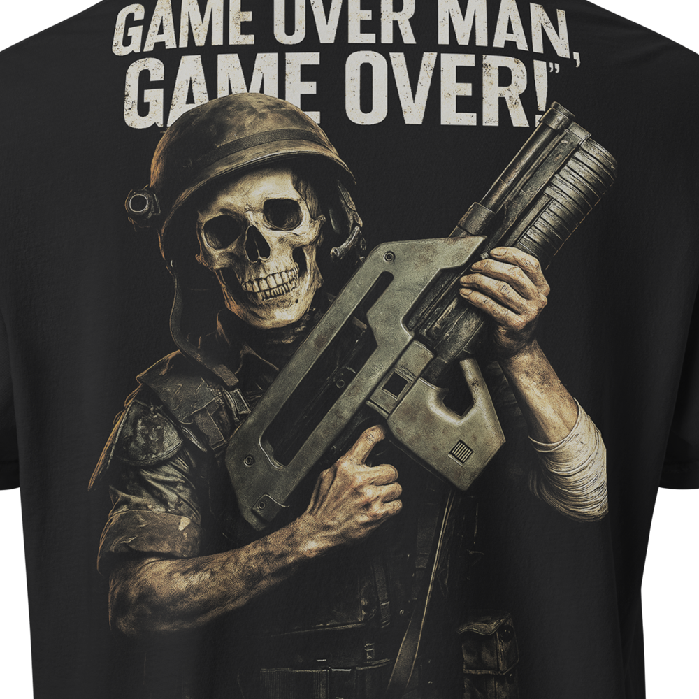 Close up of back view of Black short sleeve unisex fit classic cotton T-Shirt by Achilles Tactical Clothing Brand printed with Large Game over man design across back