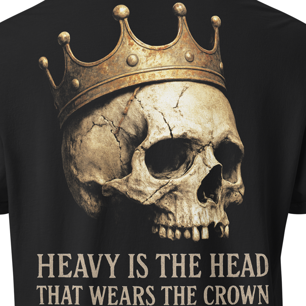 Close up of back view of Black short sleeve unisex fit classic cotton T-Shirt by Achilles Tactical Clothing Brand printed with Large Heavy is the head design across back