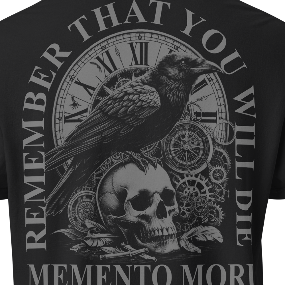 Close up of back centre of Black short sleeve unisex fit classic cotton T-Shirt by Achilles Tactical Clothing Brand printed with Large Memento Mori design across back