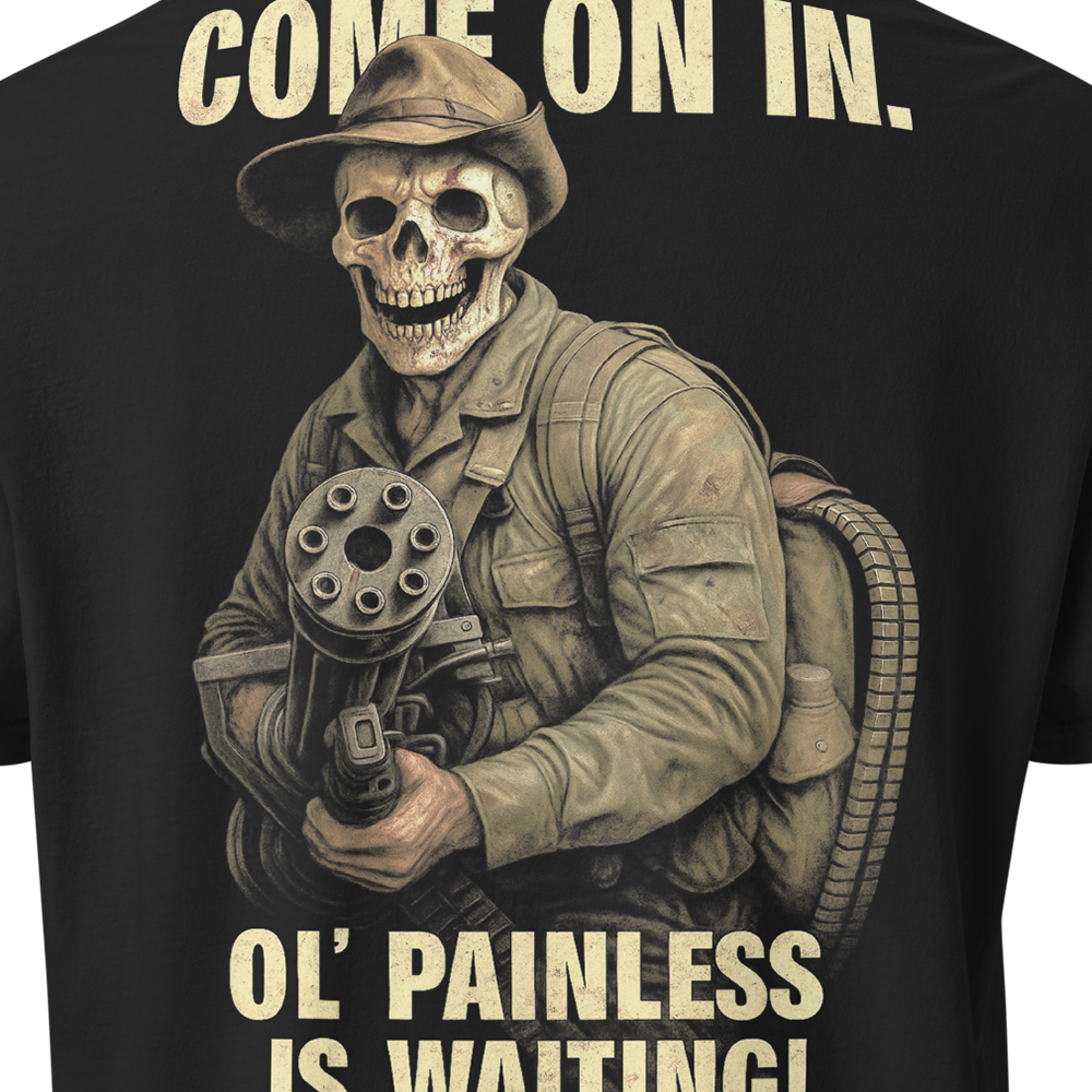 Close up of back centre of Black short sleeve unisex fit classic cotton T-Shirt by Achilles Tactical Clothing Brand printed with Large Ol Painless design across back