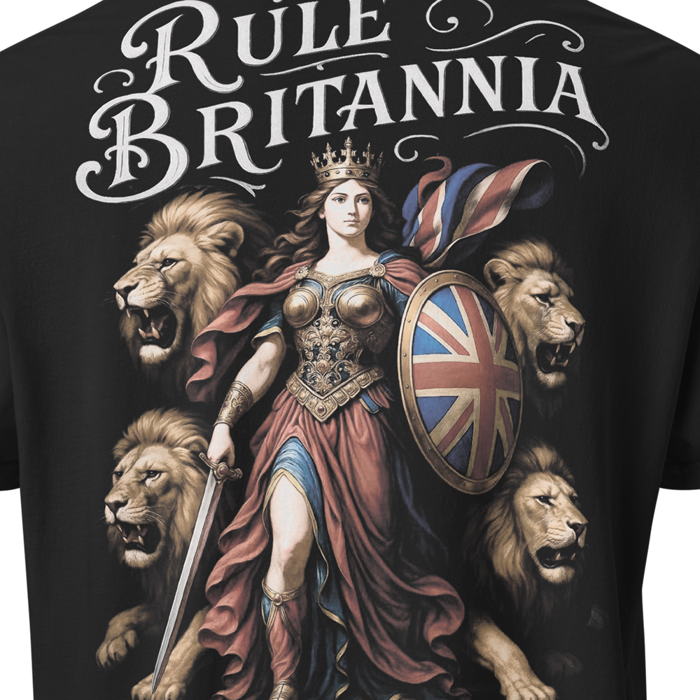Back view of Black short sleeve unisex fit classic cotton T-Shirt by Achilles Tactical Clothing Brand printed with Large Rule Britannia design across back
