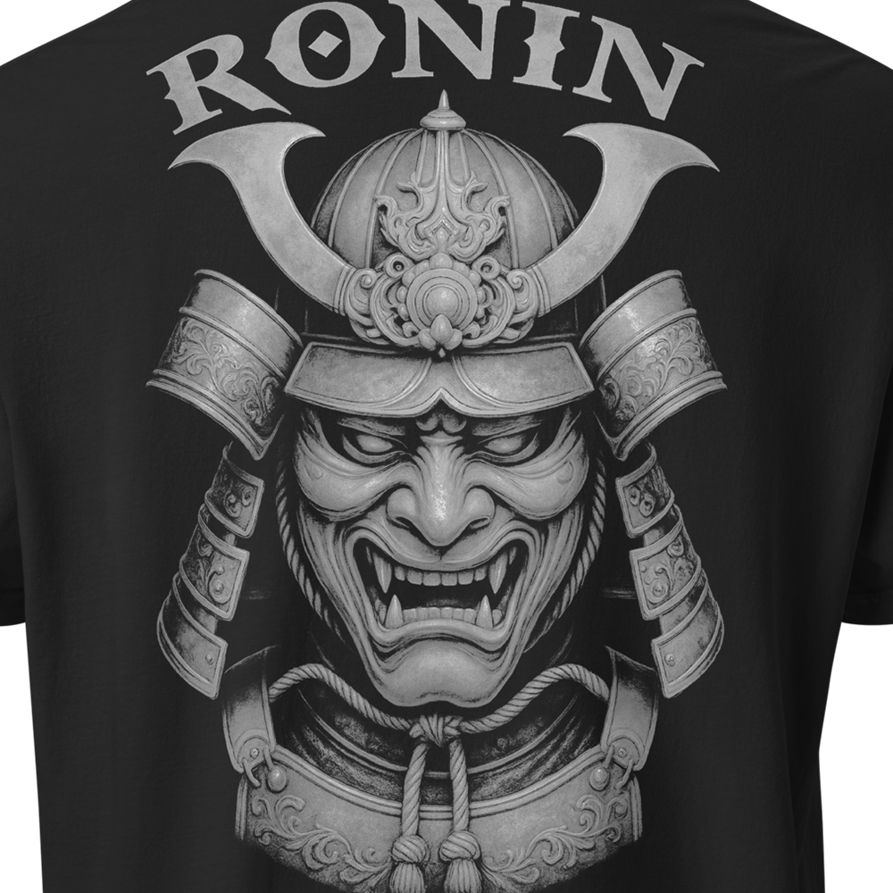 Close up of back centre of Black short sleeve unisex fit classic cotton T-Shirt by Achilles Tactical Clothing Brand printed with Large Ronin ghost grey design across back