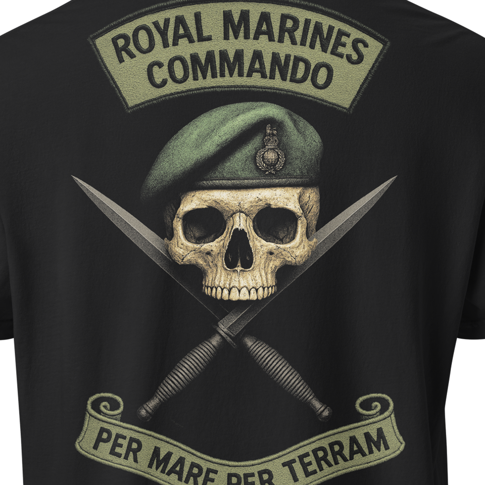 Close up of back centre of Black short sleeve unisex fit classic cotton T-Shirt by Achilles Tactical Clothing Brand printed with Large Royal Marines Commando design across back
