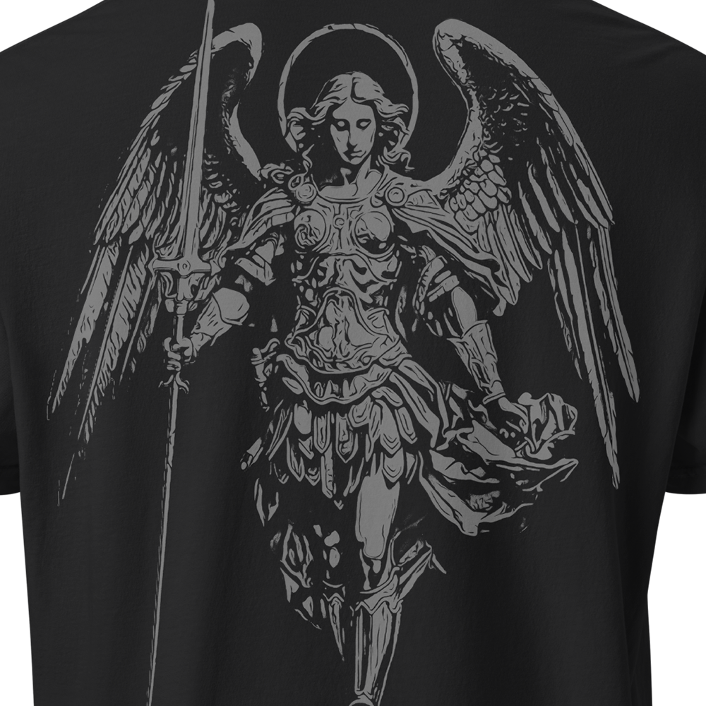 Close up of back centre of Black short sleeve unisex fit classic cotton T-Shirt by Achilles Tactical Clothing Brand printed with Large Saint Michael design across back