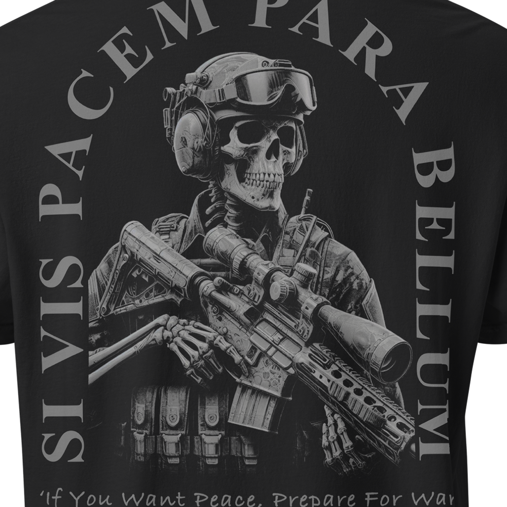 Close up of back view of Black short sleeve unisex fit classic cotton T-Shirt by Achilles Tactical Clothing Brand printed with Large si vis pacem para bellum design across back