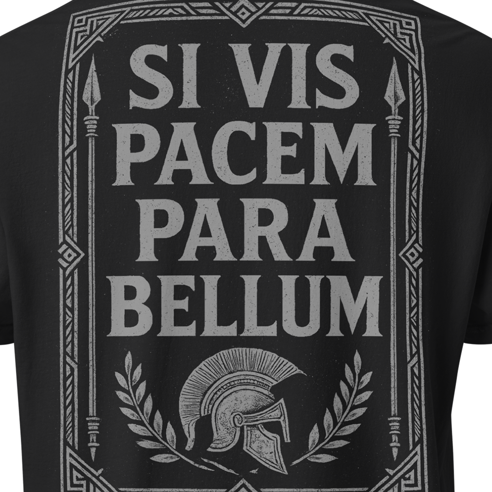 Back view of Black short sleeve unisex fit classic cotton T-Shirt by Achilles Tactical Clothing Brand printed with Large Si Vis Pacem design across back