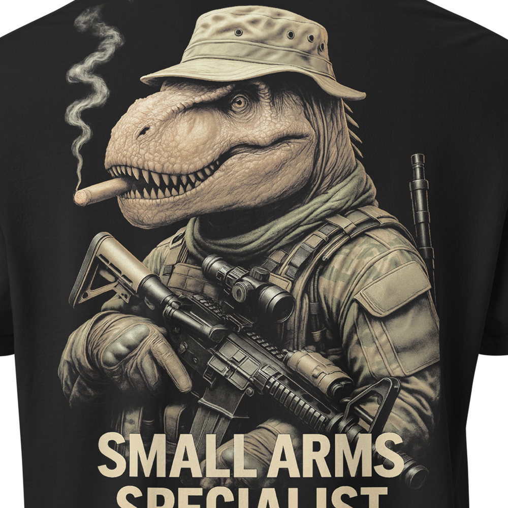 Close up of back centre of Black short sleeve unisex fit classic cotton T-Shirt by Achilles Tactical Clothing Brand printed with Large Small Arms Specialist design across back