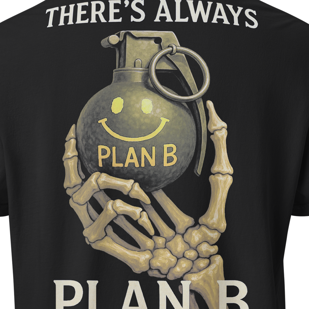 Close up of back view of Black short sleeve unisex fit classic cotton T-Shirt by Achilles Tactical Clothing Brand printed with Large There's Always Plan B design across back