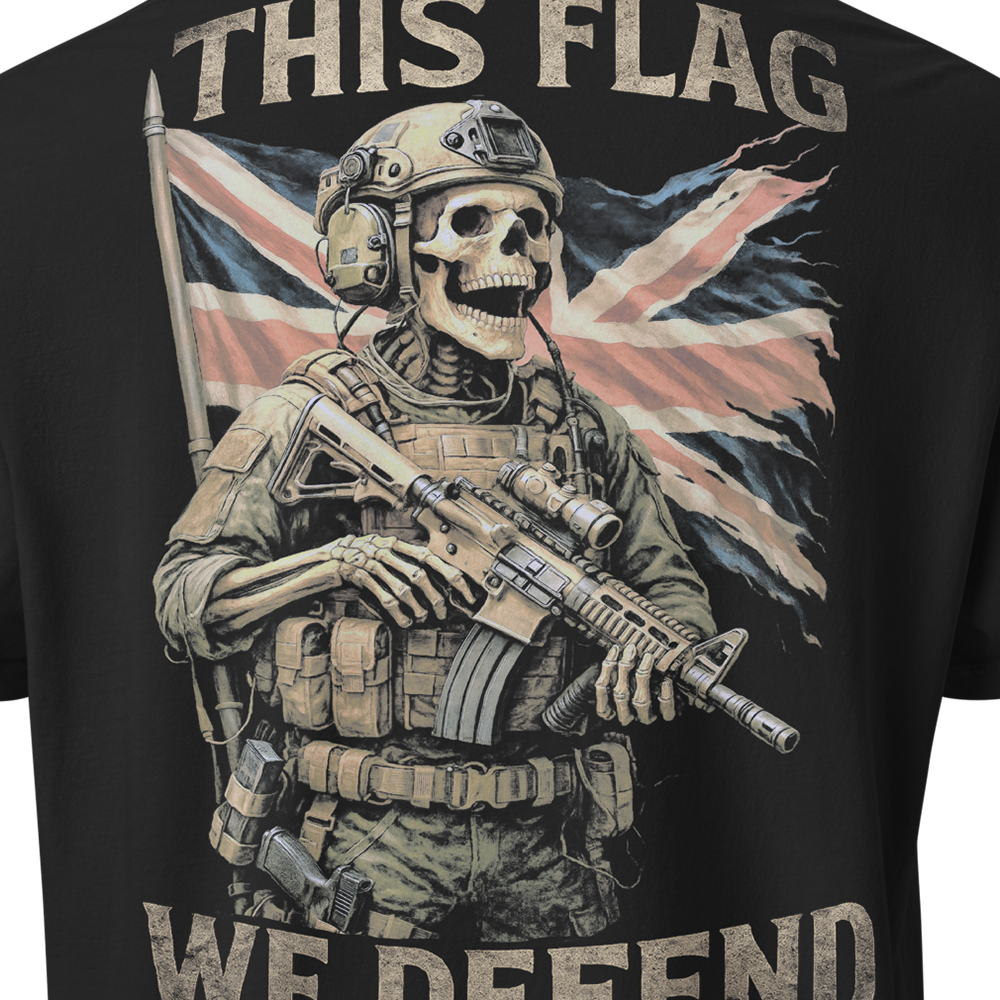 Close up of back centre of Black short sleeve unisex fit classic cotton T-Shirt by Achilles Tactical Clothing Brand printed with Large This Flag We Defend design across back