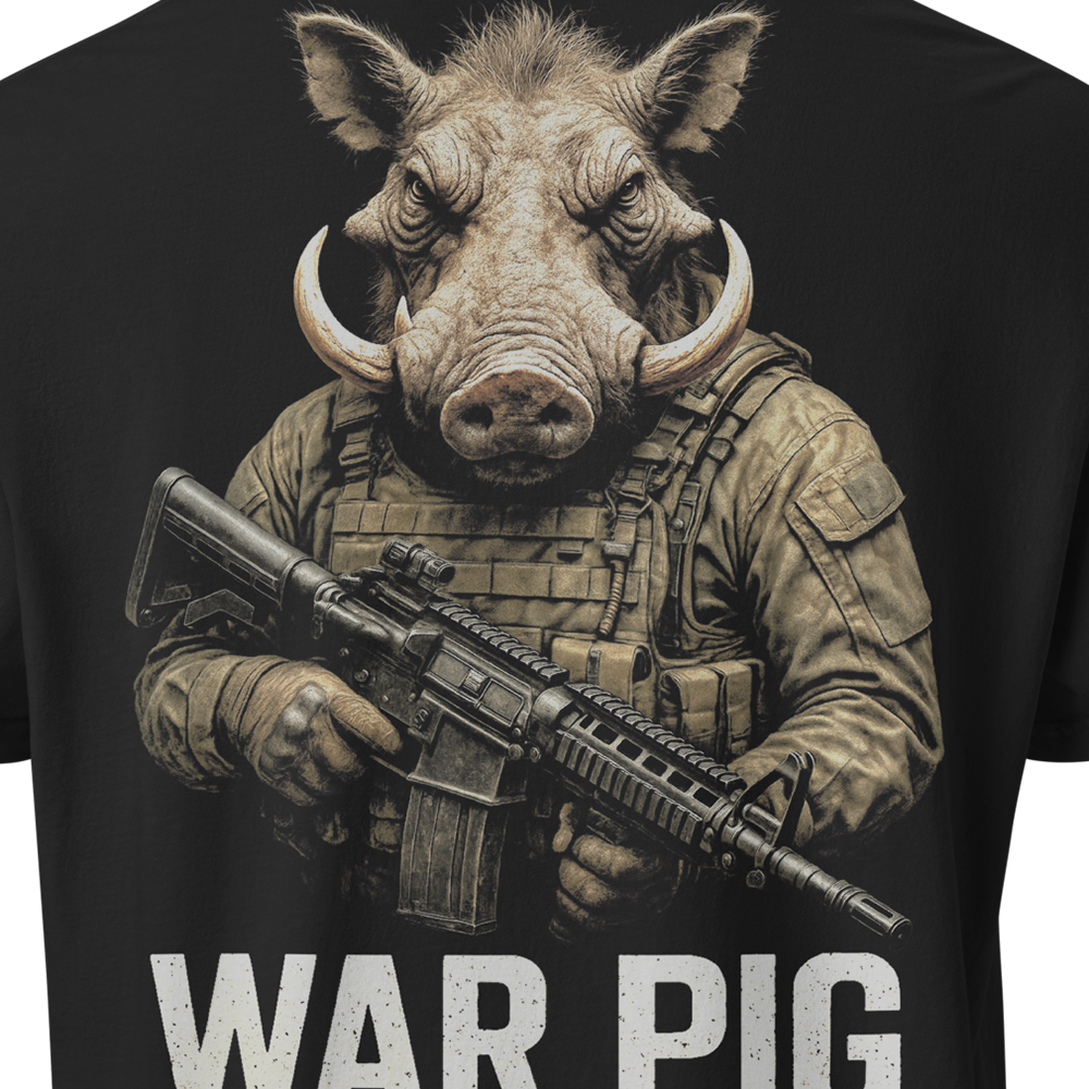 Close up of back centre of Black short sleeve unisex fit classic cotton T-Shirt by Achilles Tactical Clothing Brand printed with Large War pig design across back