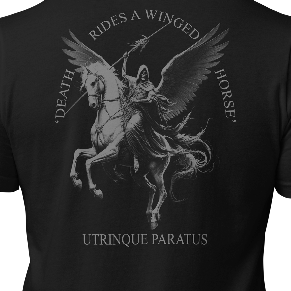 Close up of back centre view of Black short sleeve unisex fit original cotton T-Shirt by Achilles Tactical Clothing Brand printed with Pegasus Design across back