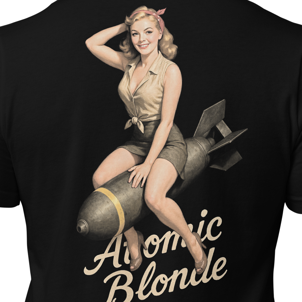 Close up of back centre of Black short sleeve unisex fit original cotton T-Shirt by Achilles Tactical Clothing Brand printed with Atomic bomb design across back
