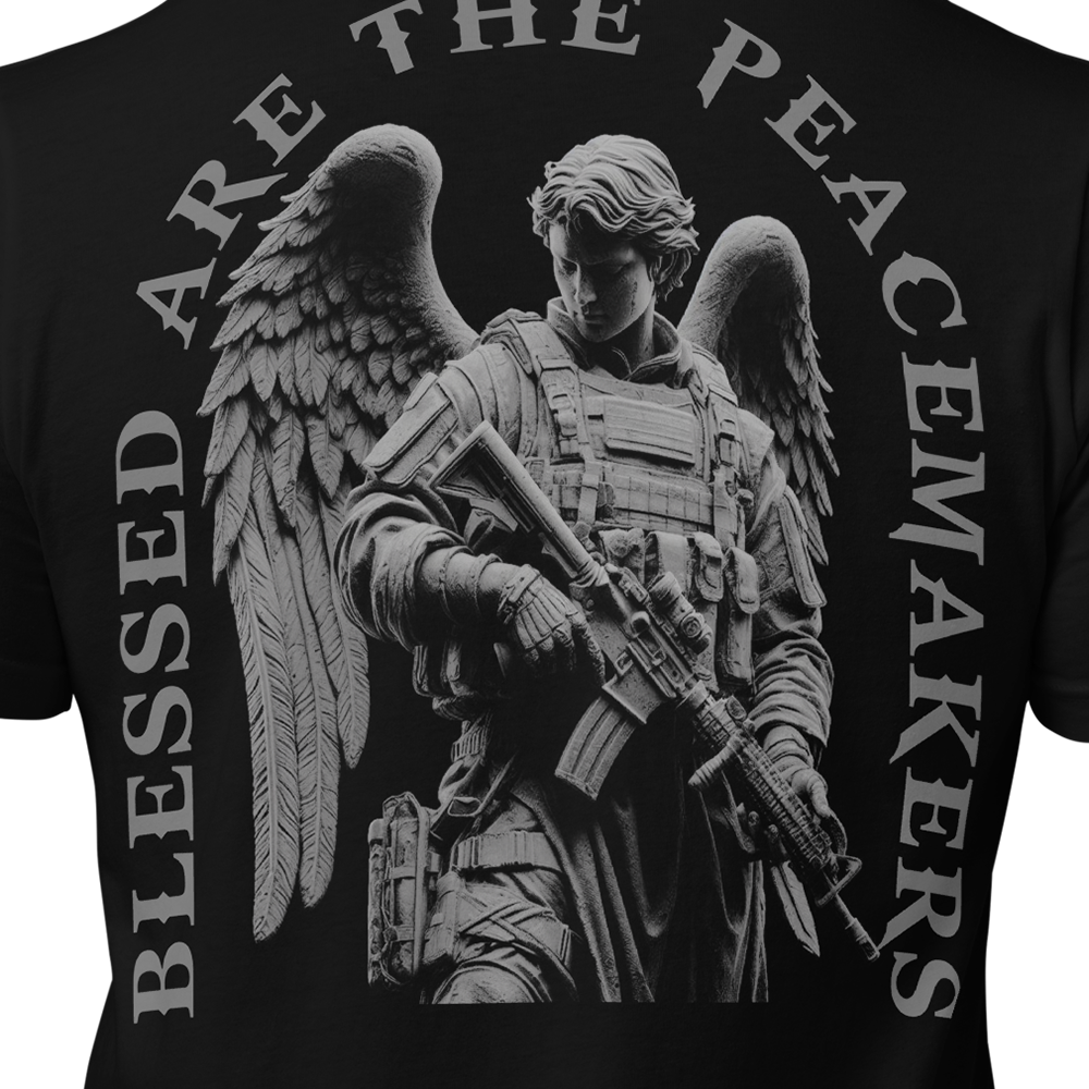 Close up of back view of Black short sleeve unisex fit original cotton T-Shirt by Achilles Tactical Clothing Brand printed with Blessed are the peacemakers design across back