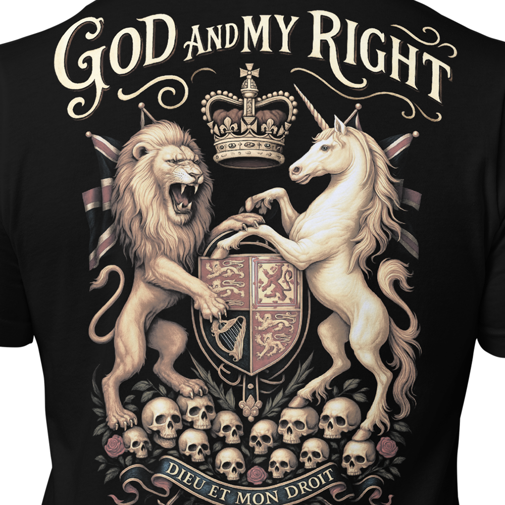 Close up of back centre of Black short sleeve unisex fit original cotton T-Shirt by Achilles Tactical Clothing Brand printed with Dieu Et Mon Droit design across back