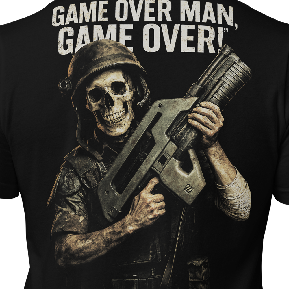 Close up of back centre of Black short sleeve unisex fit original cotton T-Shirt by Achilles Tactical Clothing Brand printed with Game over design across back