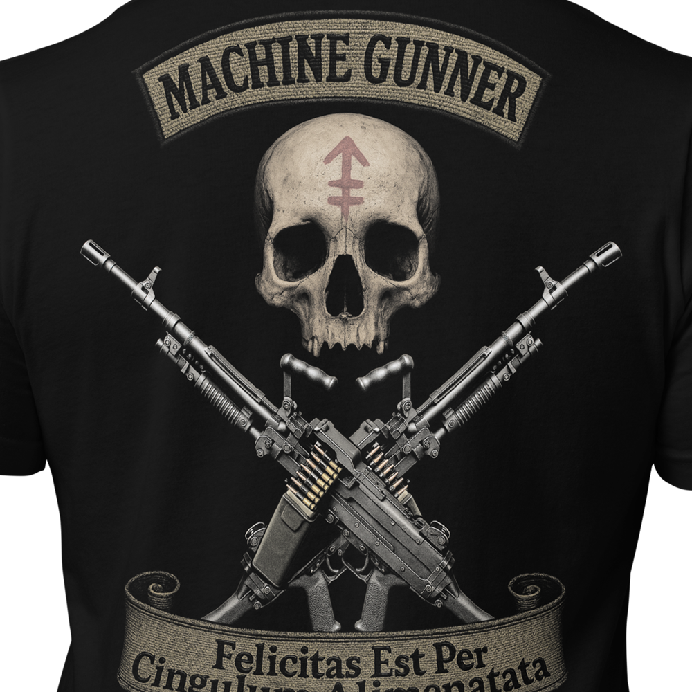 Close up of back centre of Black short sleeve unisex fit original cotton T-Shirt by Achilles Tactical Clothing Brand printed wi Machine Gunner design across back