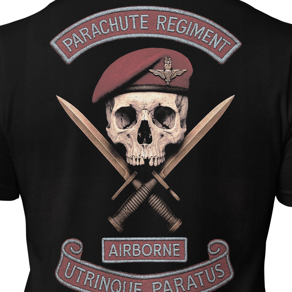 Close up of back centre of Black short sleeve unisex fit original cotton T-Shirt by Achilles Tactical Clothing Brand printed with Parachute regiment airborne design across back