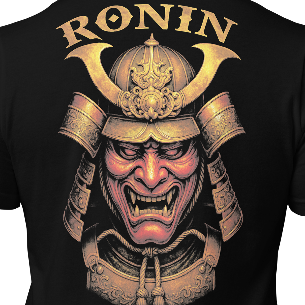 Close up of back centre of Black short sleeve unisex fit original cotton T-Shirt by Achilles Tactical Clothing Brand printed wi Ronin design across back