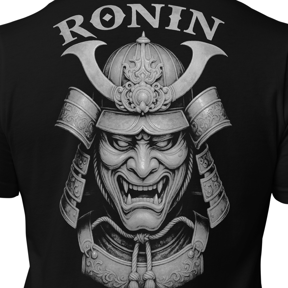 Close up of back centre of Black short sleeve unisex fit original cotton T-Shirt by Achilles Tactical Clothing Brand printed with Ronin Ghost Grey design across back
