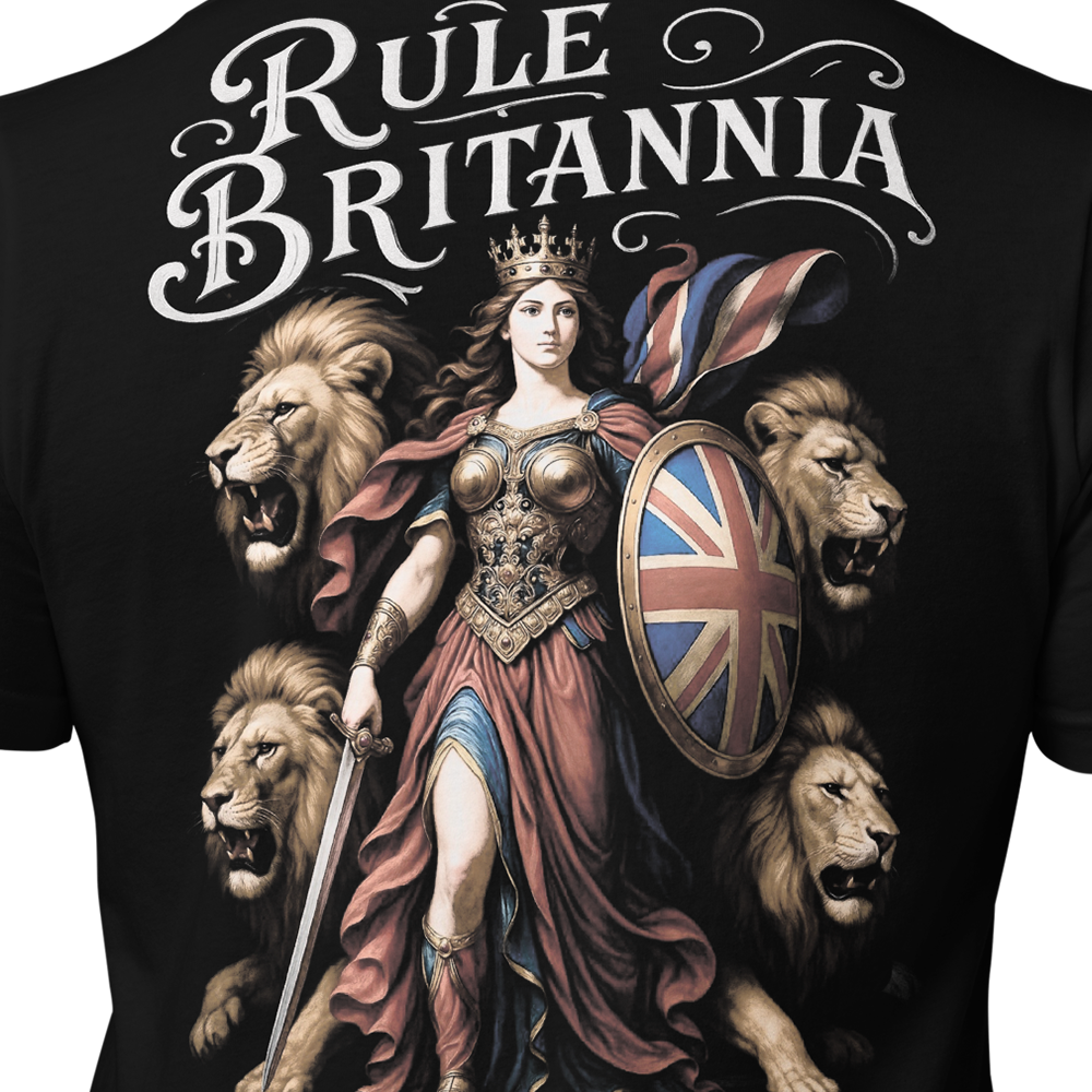 Close up back centre of Black short sleeve unisex fit original cotton T-Shirt by Achilles Tactical Clothing Brand printed with Rule Britannia design across back
