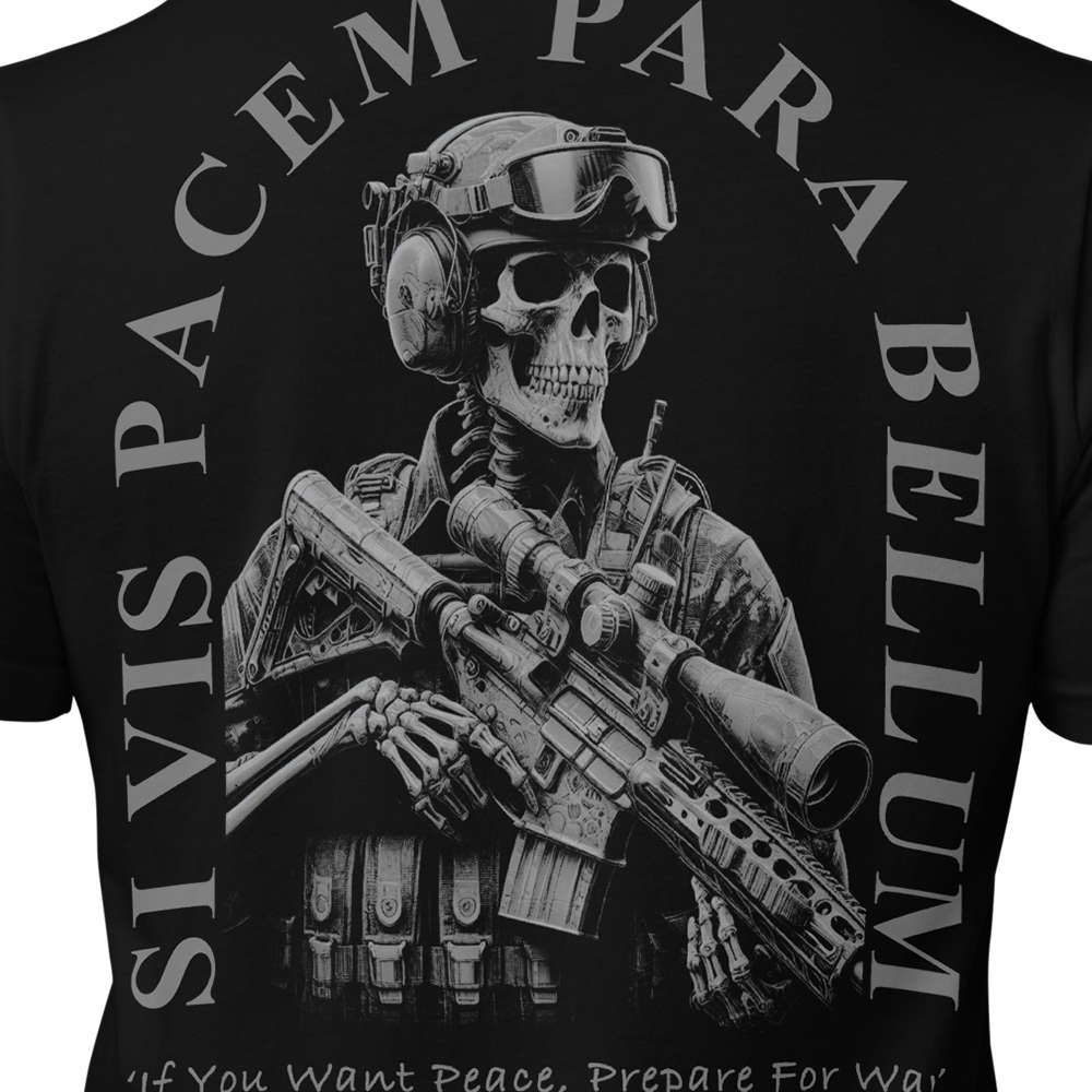 Close up of back view of Black short sleeve unisex fit original cotton T-Shirt by Achilles Tactical Clothing Brand printed with Si Vis Pacem Para Bellum design across back