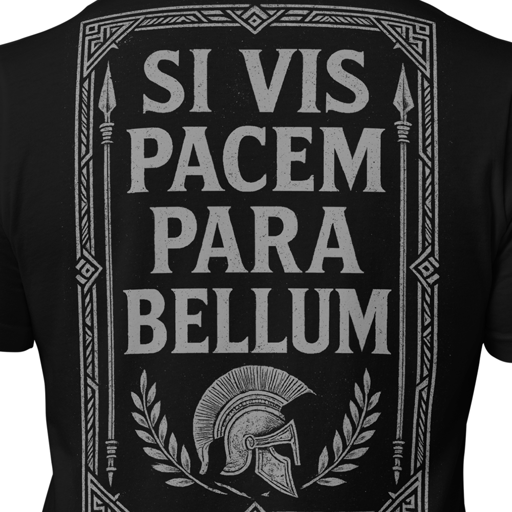 Close up of  back centre of Black short sleeve unisex fit original cotton T-Shirt by Achilles Tactical Clothing Brand printed with Si Vis Pacem Quote design across back