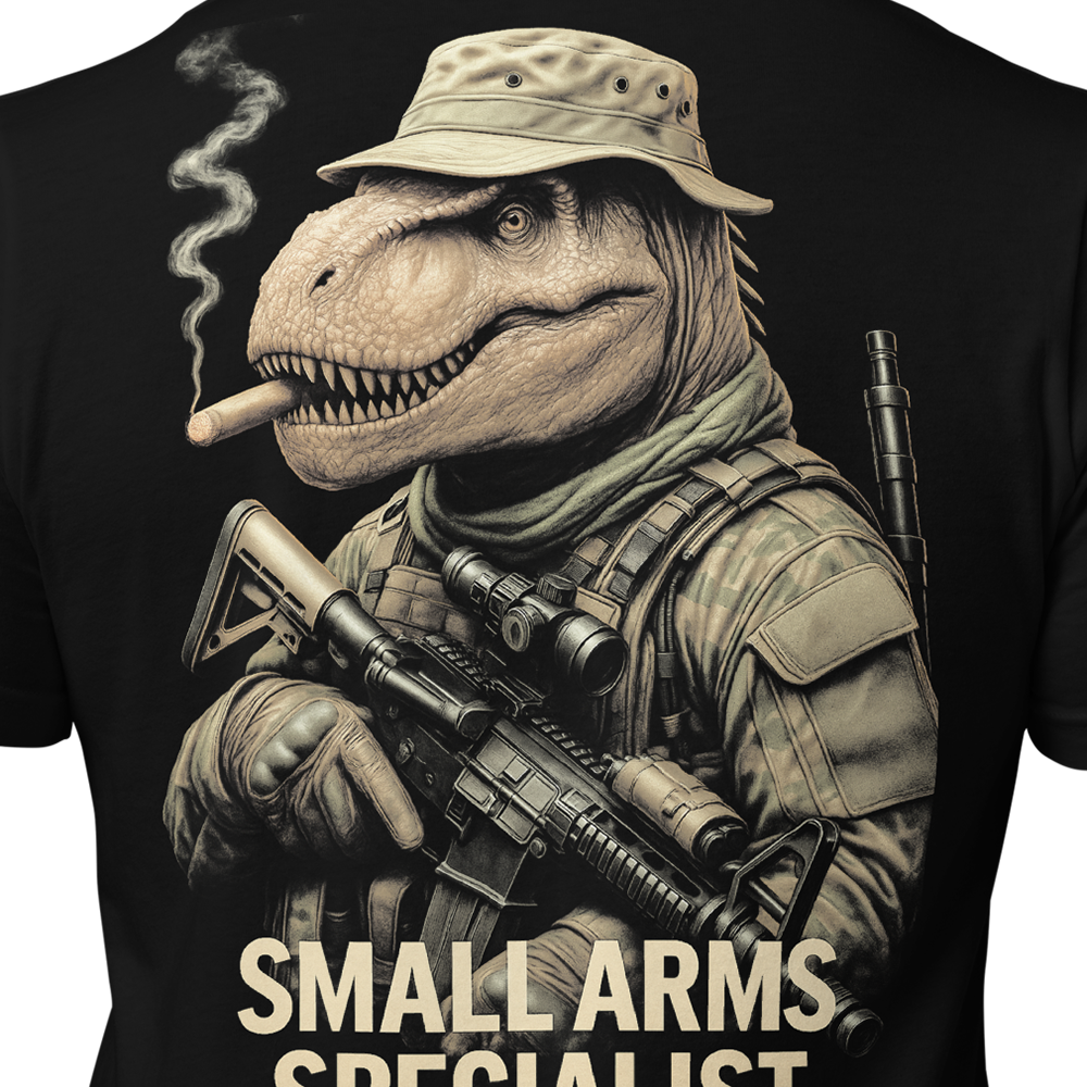 Close up of back centre of Black short sleeve unisex fit original cotton T-Shirt by Achilles Tactical Clothing Brand printed with Small Arms Specialist design across back