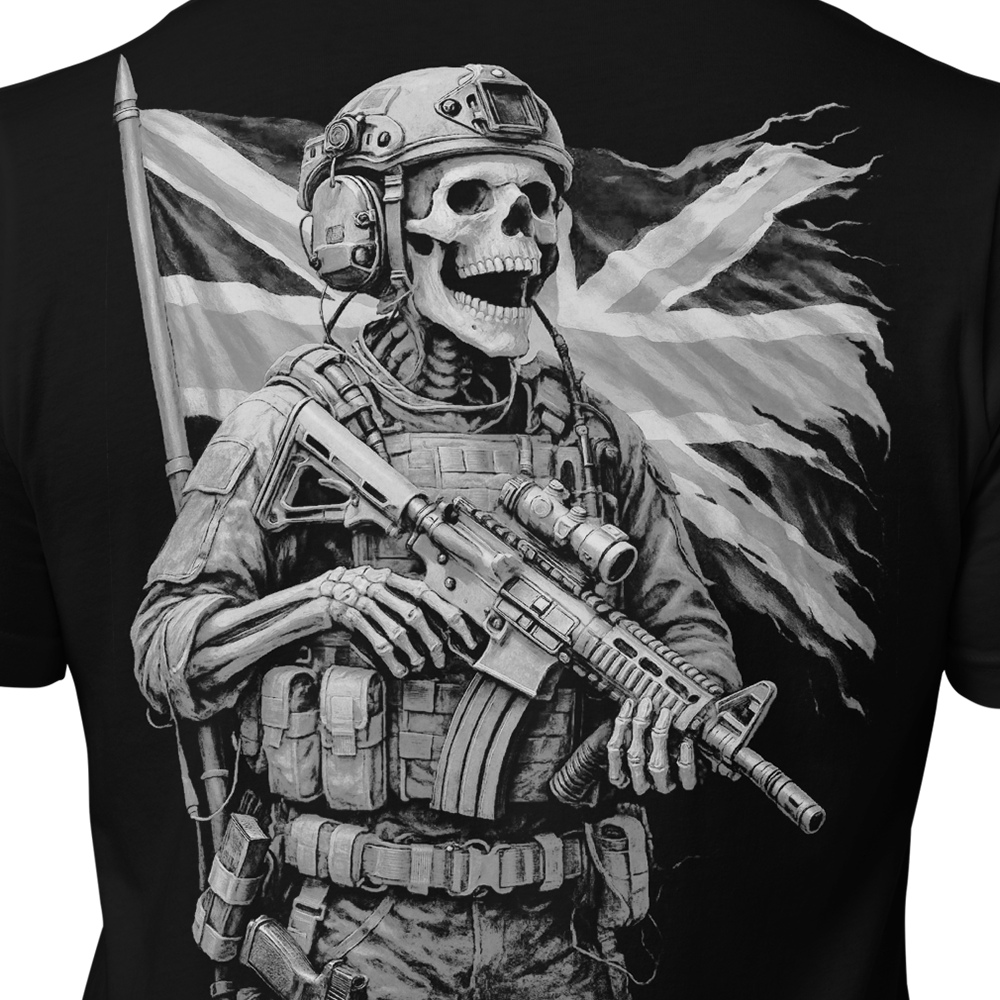 Close up of back centre of Black short sleeve unisex fit original cotton T-Shirt by Achilles Tactical Clothing Brand printed with The Defender design across back