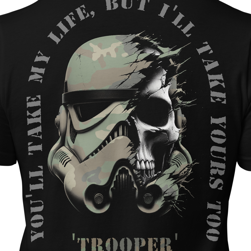 Close up of back centre of Black short sleeve unisex fit original cotton T-Shirt by Achilles Tactical Clothing Brand printed with The Trooper design across back