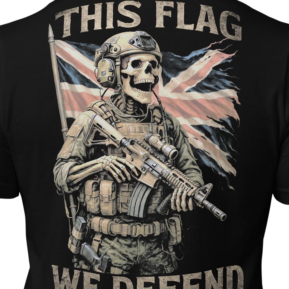 Close up of back centre of Black short sleeve unisex fit original cotton T-Shirt by Achilles Tactical Clothing Brand printed with This flag we defend design across back