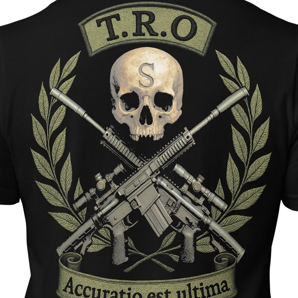 Close up of back centre of Black short sleeve unisex fit original cotton T-Shirt by Achilles Tactical Clothing Brand printed with TRO design across back