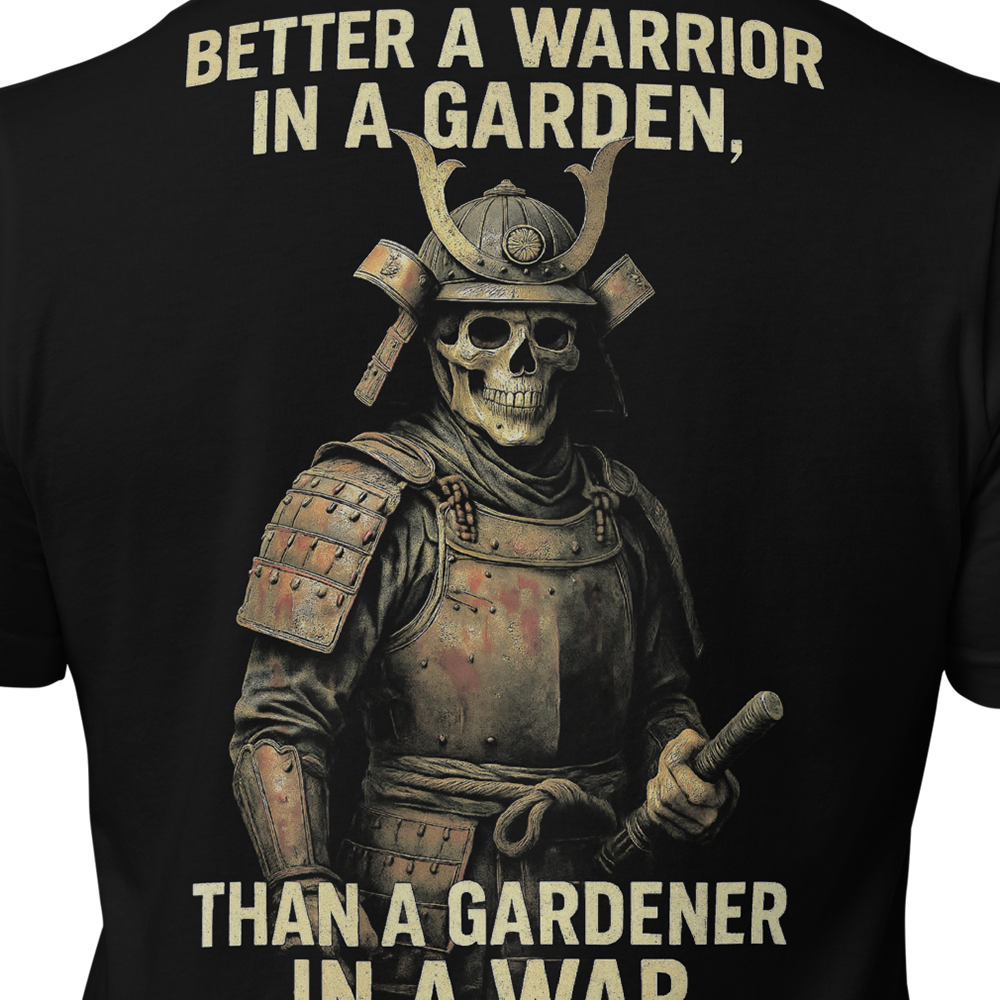 Close up of  back centre of Black short sleeve unisex fit original cotton T-Shirt by Achilles Tactical Clothing Brand printed with Warrior in a garden design across back