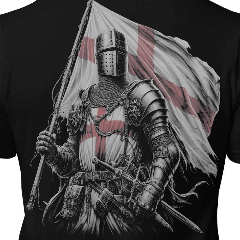 Close up of back view of Black short sleeve unisex fit original cotton T-Shirt by Achilles Tactical Clothing Brand printed with English Knight design across back