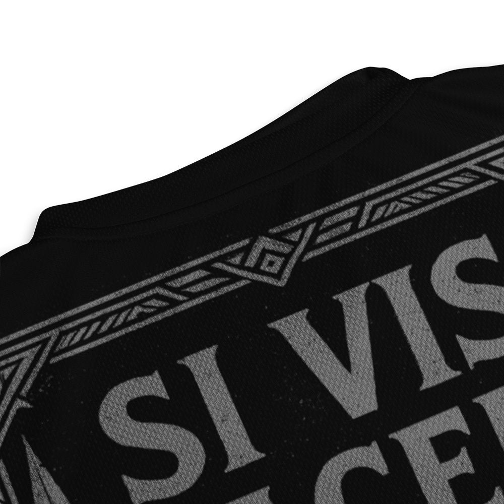 Close up of back collar of black short sleeve unisex fit Performance Physical training  PT Jersey by Achilles Tactical Clothing Brand with Si Vis Pacem quote Design across back