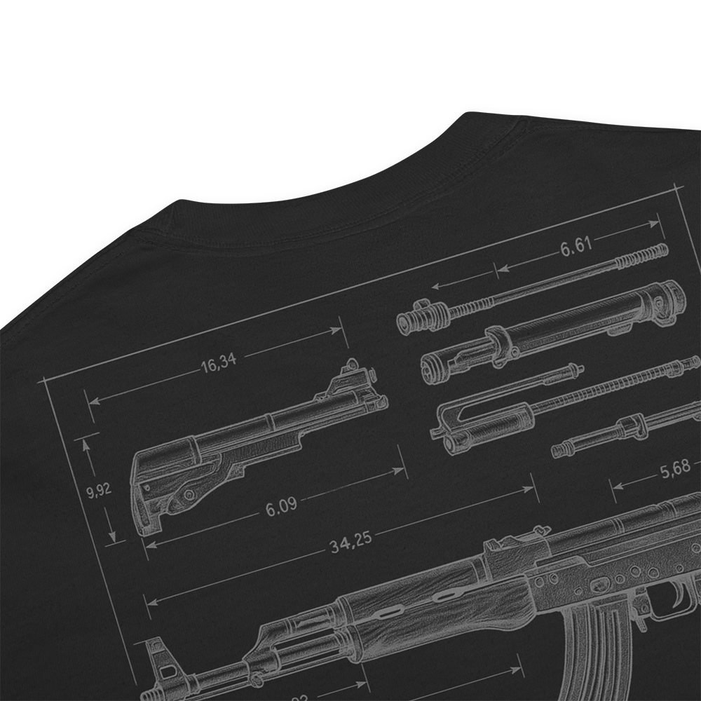 Close up of back collar of Black short sleeve unisex fit classic cotton T-Shirt by Achilles Tactical Clothing Brand printed with Large AK-47 design across back