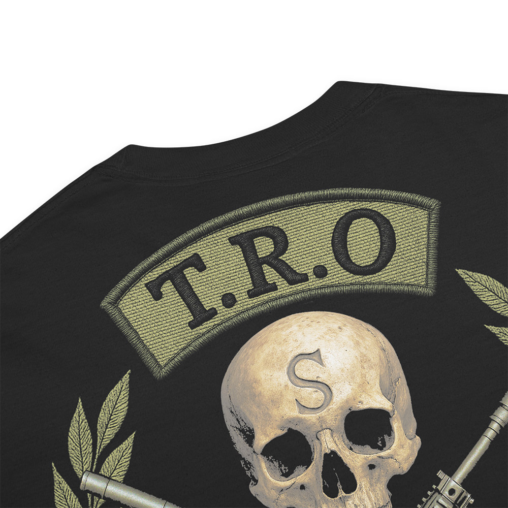 Close up of back collar of Black short sleeve unisex fit classic cotton T-Shirt by Achilles Tactical Clothing Brand printed with Large TRO design across back