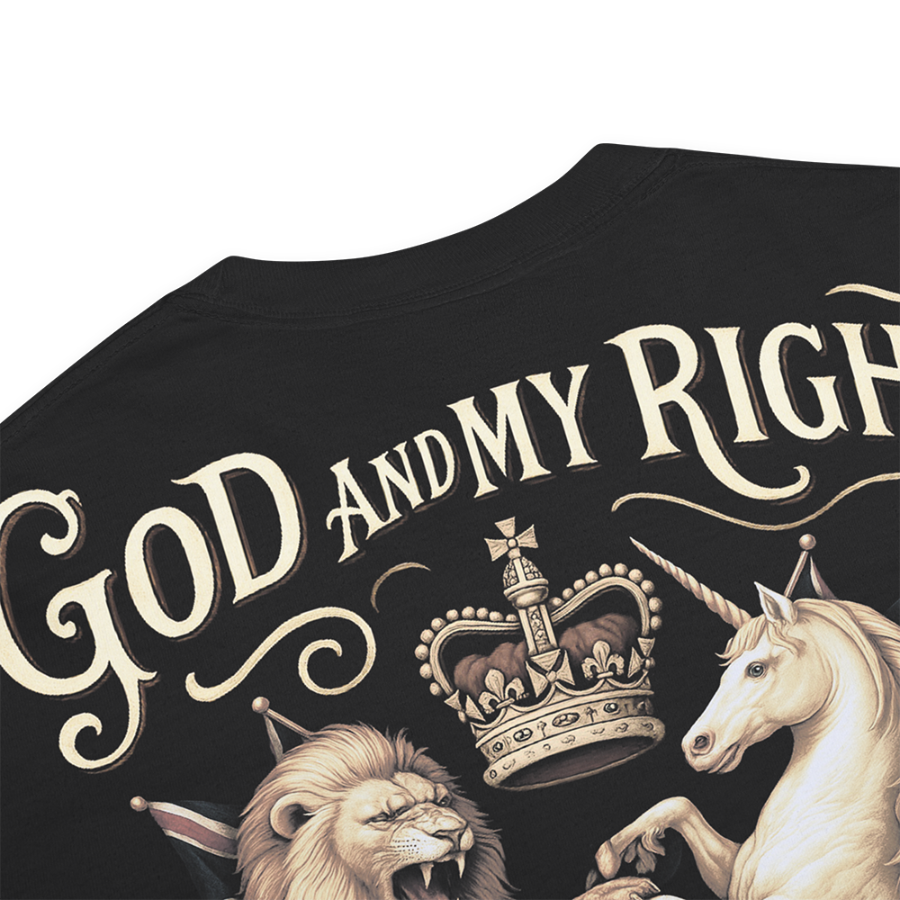 Close up of back collar of Black short sleeve unisex fit classic cotton T-Shirt by Achilles Tactical Clothing Brand printed with Large Dieu Et Mon Droit design across back