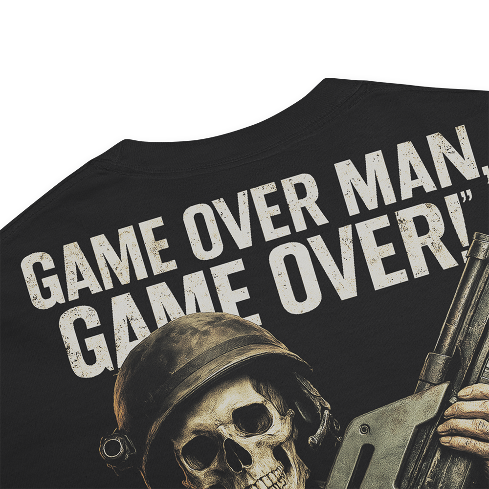 Close up of back collar of Black short sleeve unisex fit classic cotton T-Shirt by Achilles Tactical Clothing Brand printed with Large Game over man design across back