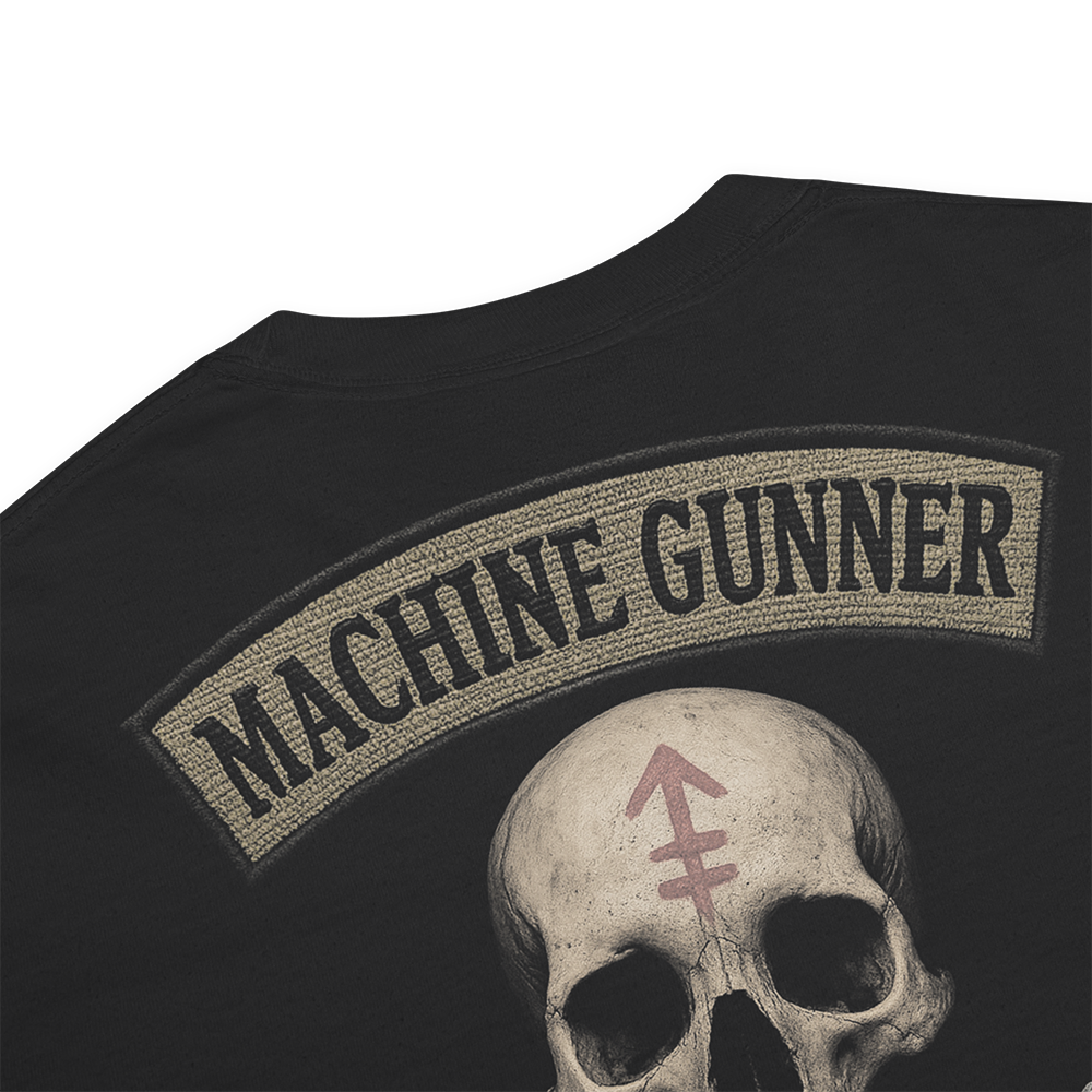 Close up of back collar of black short sleeve unisex fit classic cotton T-Shirt by Achilles Tactical Clothing Brand printed with Large machine gunner design across back