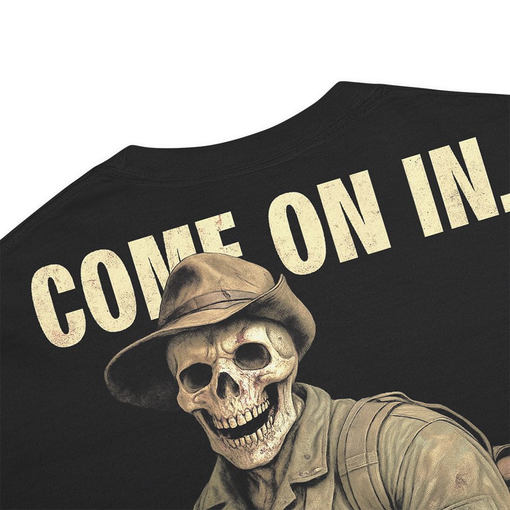 Close up of back view of Black short sleeve unisex fit classic cotton T-Shirt by Achilles Tactical Clothing Brand printed with Large Ol Painless design across back