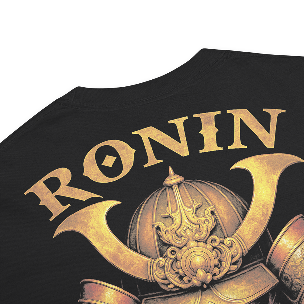 Close up of back collar of Black short sleeve unisex fit classic cotton T-Shirt by Achilles Tactical Clothing Brand printed with Large Ronin design across back