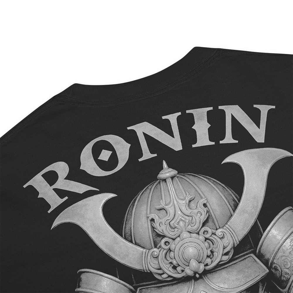 Close up of back collar of Black short sleeve unisex fit classic cotton T-Shirt by Achilles Tactical Clothing Brand printed with Large Ronin ghost grey design across back