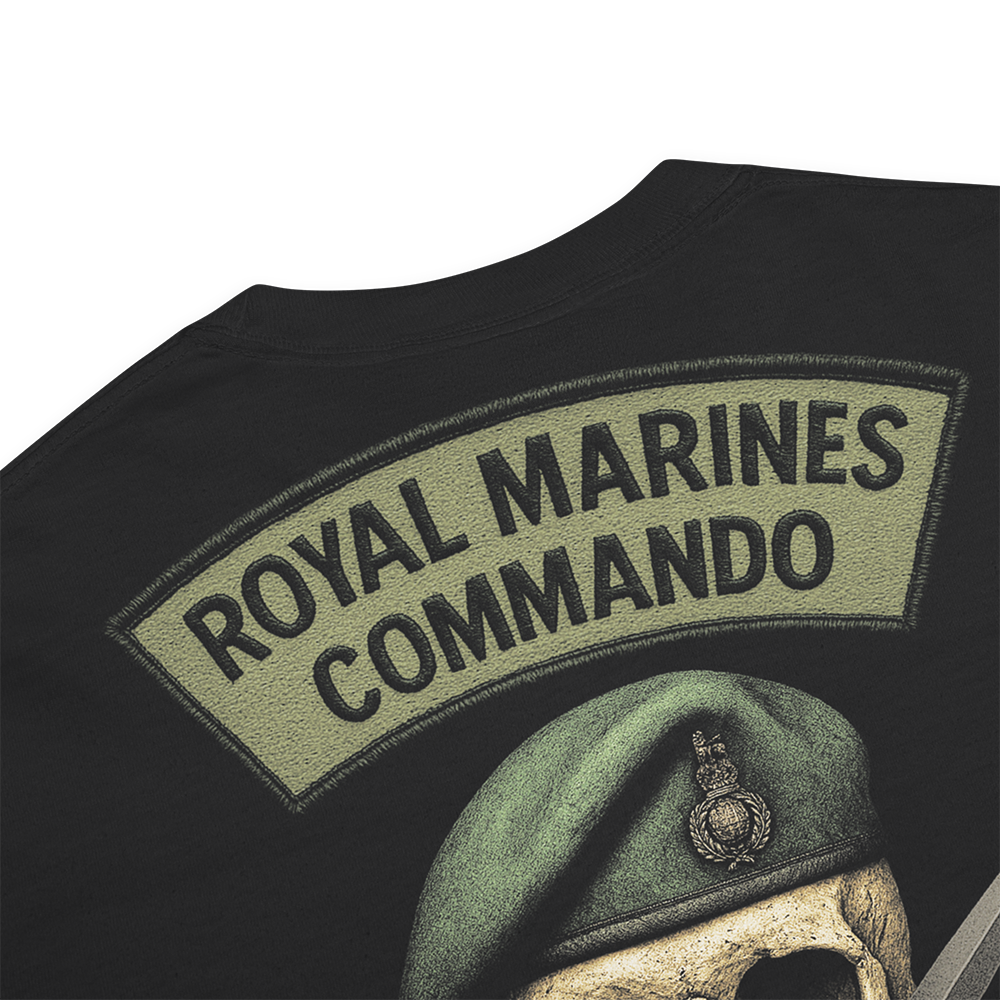 Close up of back collar of Black short sleeve unisex fit classic cotton T-Shirt by Achilles Tactical Clothing Brand printed with Large Royal Marines Commando design across back