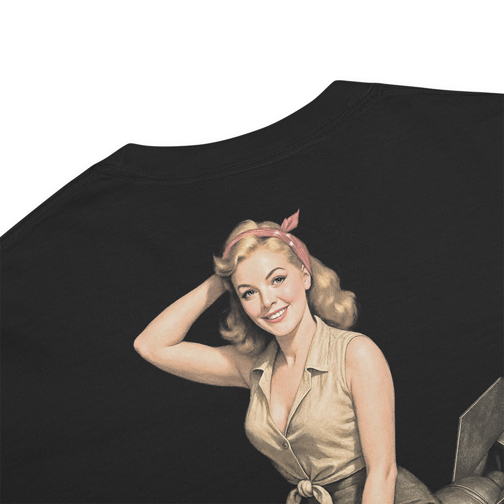 Close up of back collar of Black short sleeve unisex fit classic cotton T-Shirt by Achilles Tactical Clothing Brand printed with Large Atomic Bomb design across back